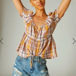 Lucky Brand Women's Sz XS Plaid Tie Front Babydoll Top